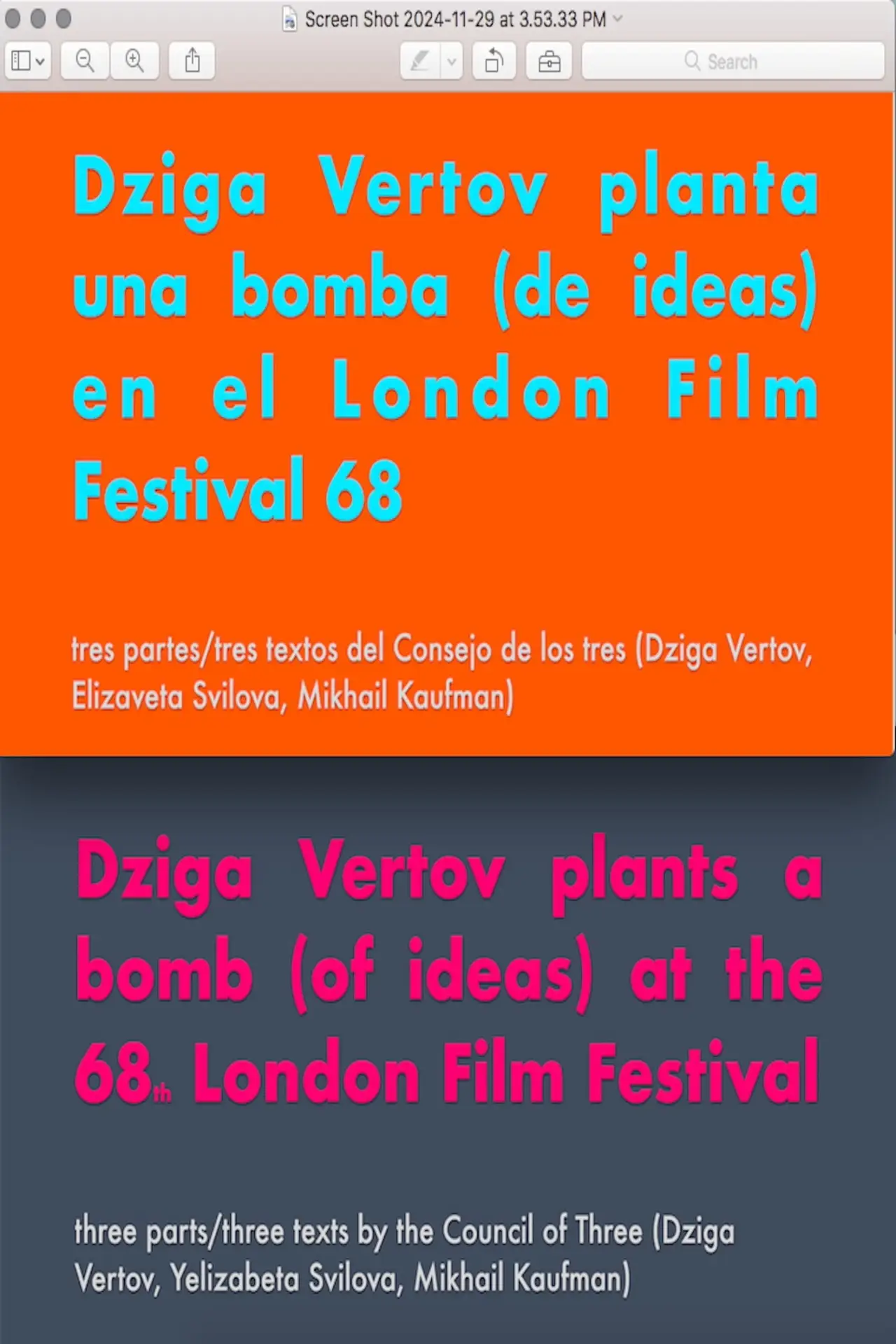Plakat filmowy "Dziga Vertov planta una bomba (de ideas) en el LFF 68"