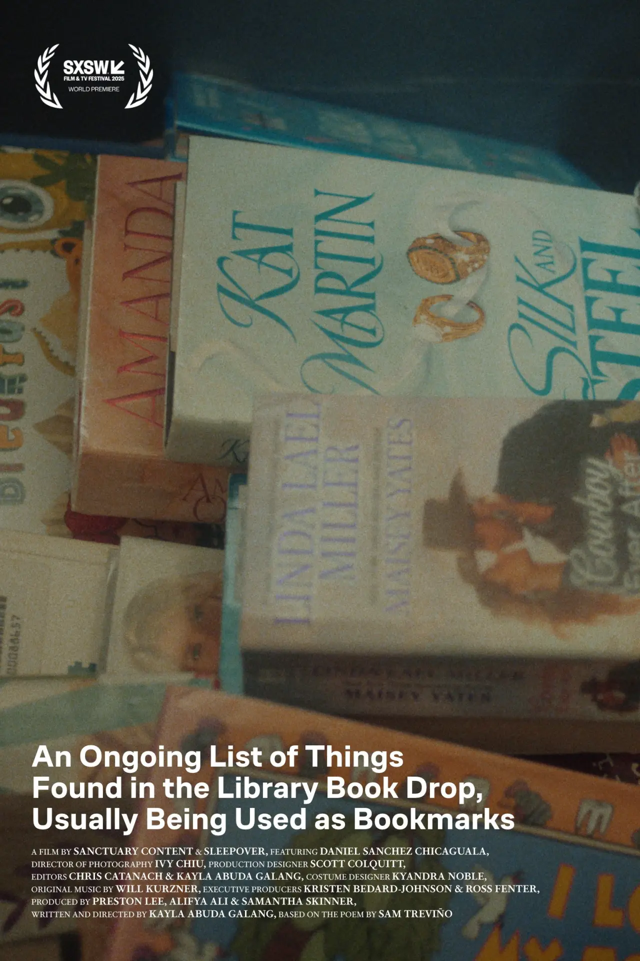 Plakat filmowy "An Ongoing List of Things Found in the Library Book Drop, Usually Being Used as Bookmarks"