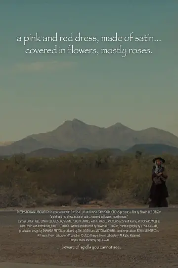 a pink and red dress, made of satin… covered in flowers, mostly roses plakat