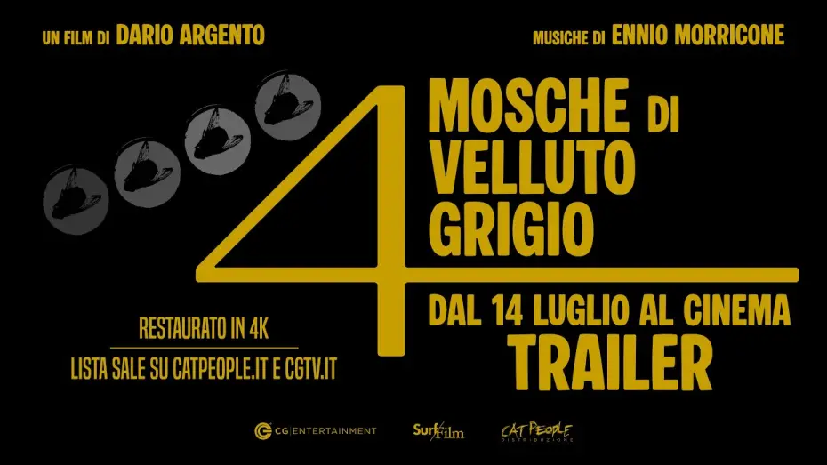 Wideo do filmu Cztery Muchy na Szarym Aksamicie — 4 Mosche Di Velluto Grigio di Dario Argento - Trailer - Al cinema dal 14 luglio - Restaurato in 4K