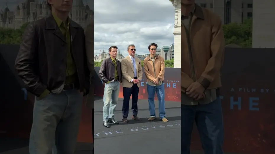 Wideo do filmu Odyseja — Swapping Ancient Greece for the rooftops of London, it’s Matt Damon, Tom Holland & Robert Pattinson.