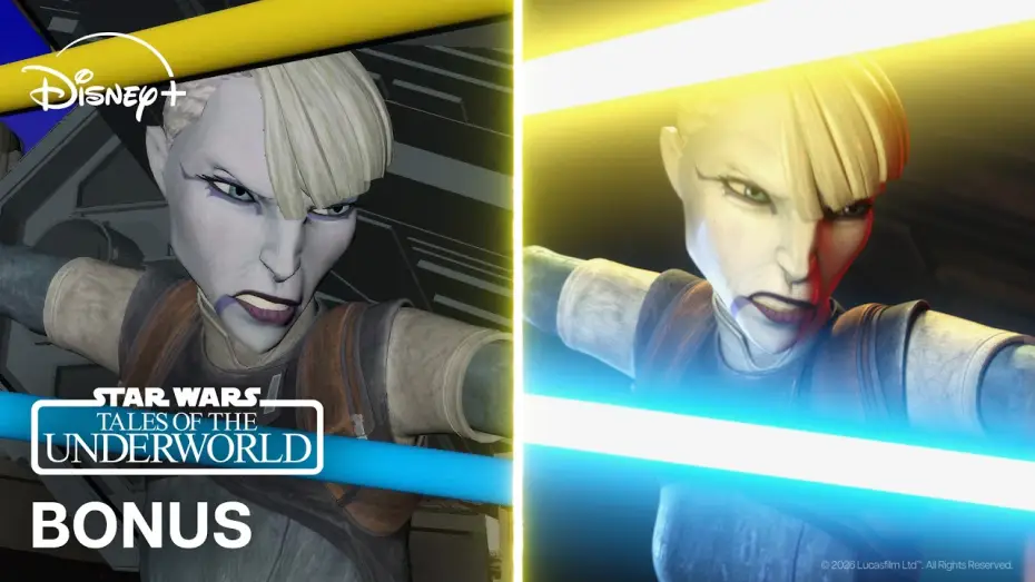 Wideo do serialu Gwiezdne wojny: Opowieści z podziemi — Star Wars: Tales of the Underworld en parallèle « Asajj VS l'Inquisiteur » BTS|Animatique VS Épisode